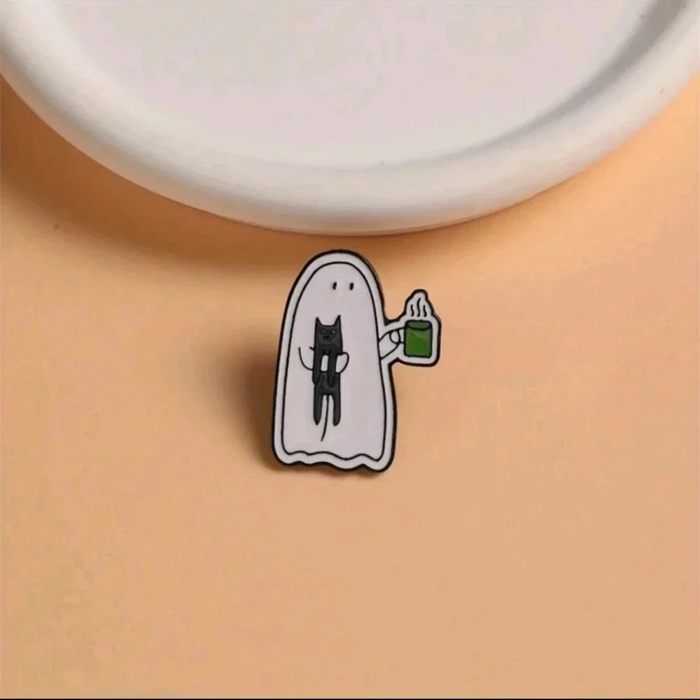 Enamel pins women's ghost cat funny white black bag purse charm jewelry mug coff